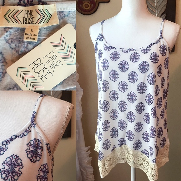 Pink Rose Tops - pink rose white blue tank NWT